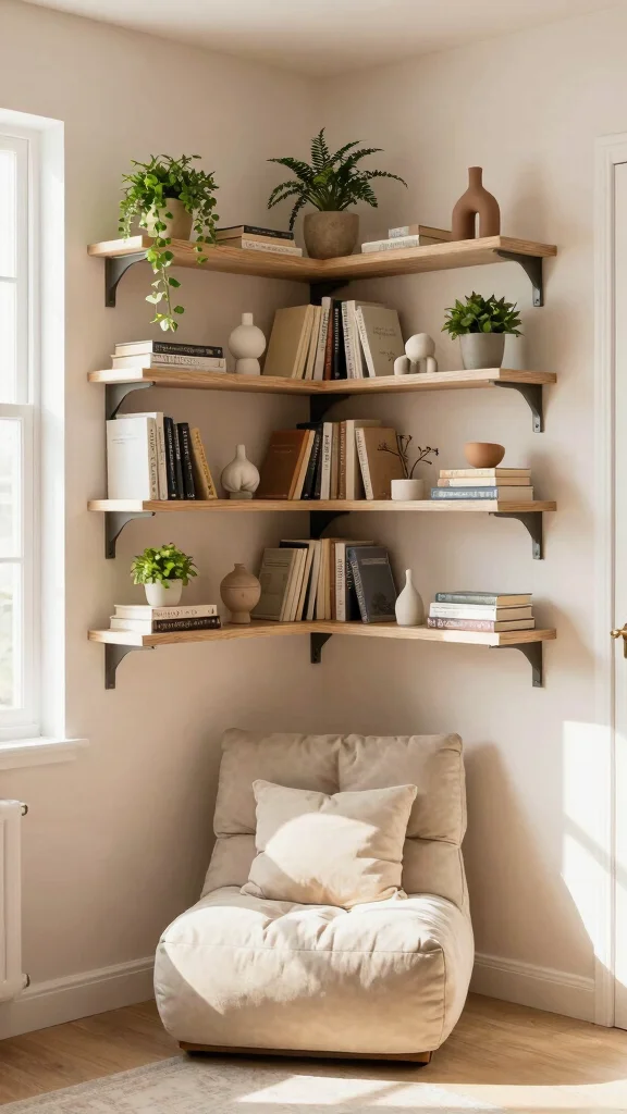10 Floating Shelf Ideas for Reading Rooms That Save Space - 2. Floating Corner Shelves 1