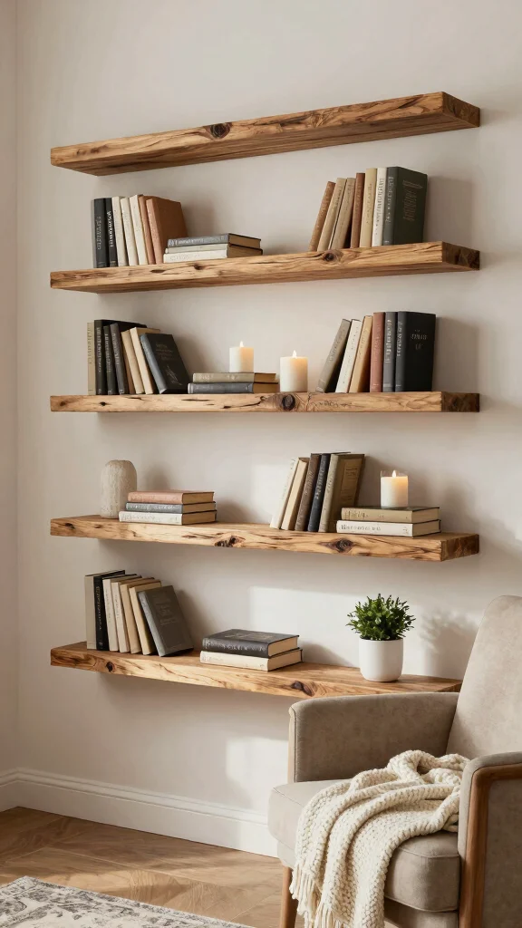 10 Floating Shelf Ideas for Reading Rooms That Save Space - 4. Rustic Wood Floating Shelves 1