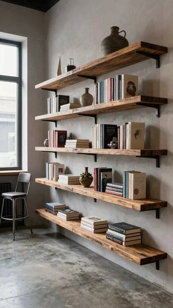 10 Floating Shelf Ideas for Reading Rooms That Save Space - 6. Industrial Style Floating Shelves 1