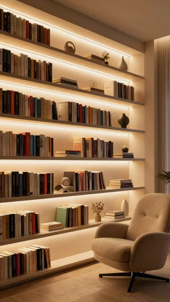 10 Floating Shelf Ideas for Reading Rooms That Save Space - 9. Floating Shelves with Built-in Lighting 1
