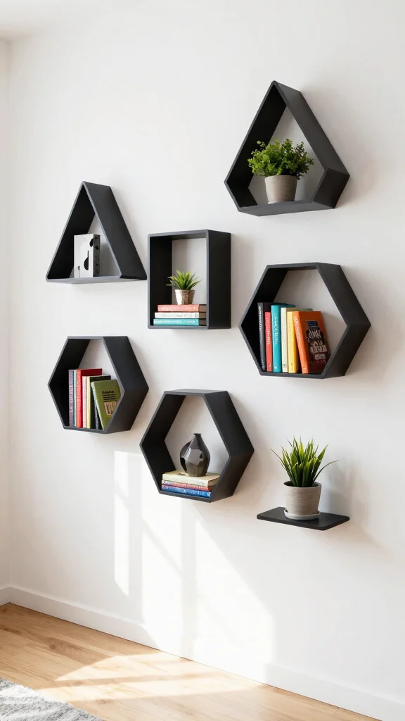10 Floating Shelf Ideas for Study Rooms That Save Space - 2. Geometric Floating Shelves 1