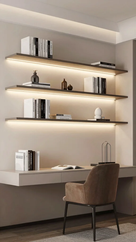 10 Floating Shelf Ideas for Study Rooms That Save Space - 6. Integrated Lighting on Floating Shelves 1