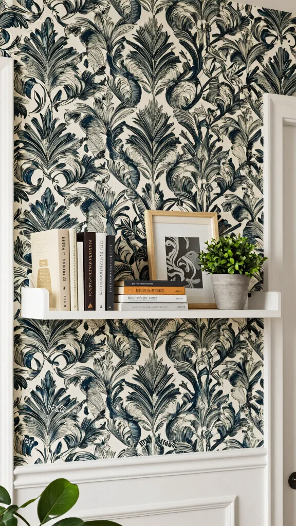 10 Floating Shelf Ideas for Study Rooms That Save Space - 7. Floating Shelf with Decorative Backdrop 1