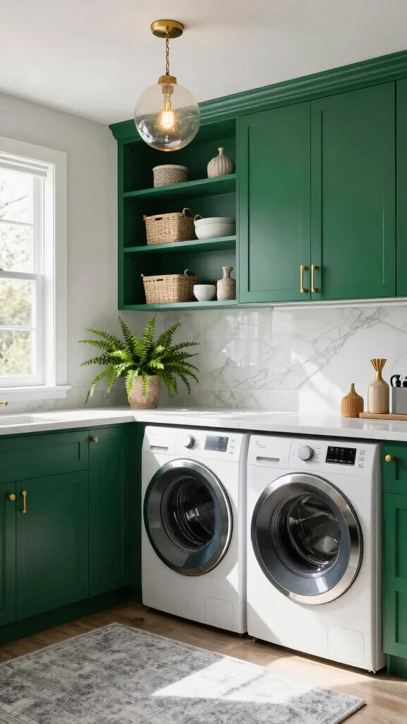 10 Laundry Room Green Cabinet Ideas That Add a Fresh, Bold Touch - 1. Deep Emerald Elegance 1