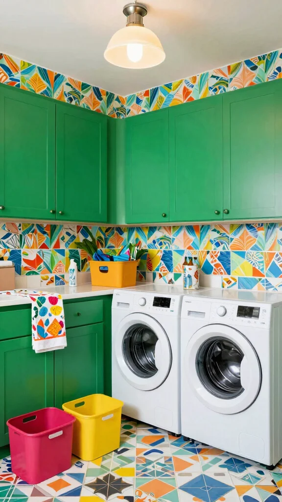 10 Laundry Room Green Cabinet Ideas That Add a Fresh, Bold Touch - 5. Bold Colors and Patterns 1