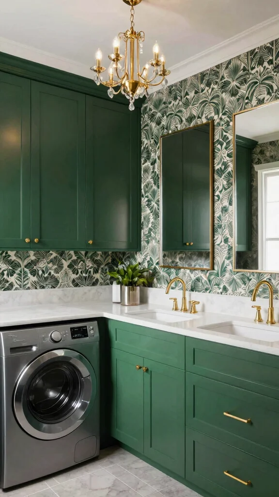 10 Laundry Room Green Cabinet Ideas That Add a Fresh, Bold Touch - 9. Modern Glam 1