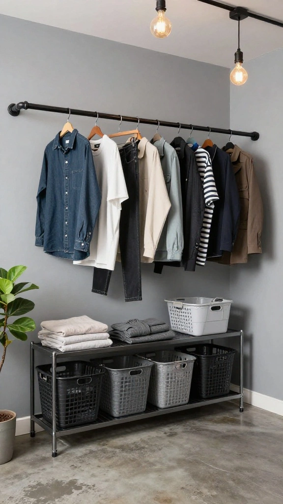 10 Laundry Room Hanging Rod Ideas for Air Drying and More Storage - 2. Industrial Pipe Rod for a Modern Edge 1