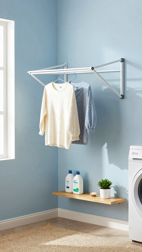 10 Laundry Room Hanging Rod Ideas for Air Drying and More Storage - 3. Wall-Mounted Folding Drying Rack 1