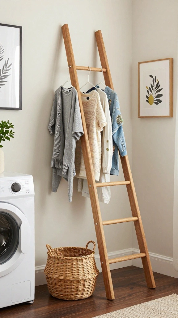10 Laundry Room Hanging Rod Ideas for Air Drying and More Storage - 5. Decorative Ladder Rod for Stylish Drying 1