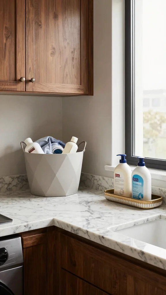 10 Laundry Room Quartz Countertop Ideas for a Sleek Folding Station - 2. Elegant Marble Effect Quartz 1
