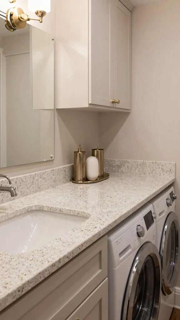 10 Laundry Room Quartz Countertop Ideas for a Sleek Folding Station - 8. Quartz with Metallic Accents 1