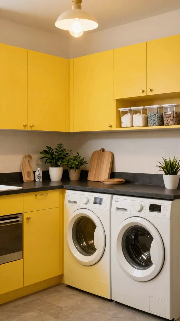 10 Laundry Room Yellow Cabinet Ideas That Brighten a Functional Space - 2. A Pop of Color with Dark Accents 1