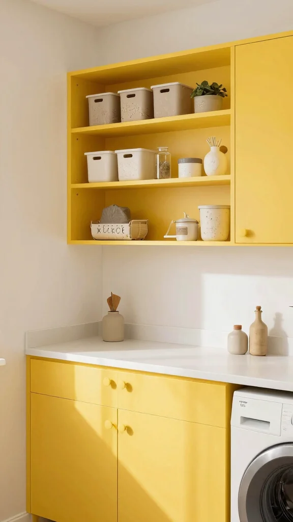 10 Laundry Room Yellow Cabinet Ideas That Brighten a Functional Space - 4. Bright and Functional Open Shelving 1