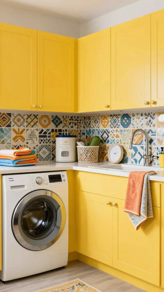 10 Laundry Room Yellow Cabinet Ideas That Brighten a Functional Space - 5. Playful Patterns with Yellow Cabinet Decor 1