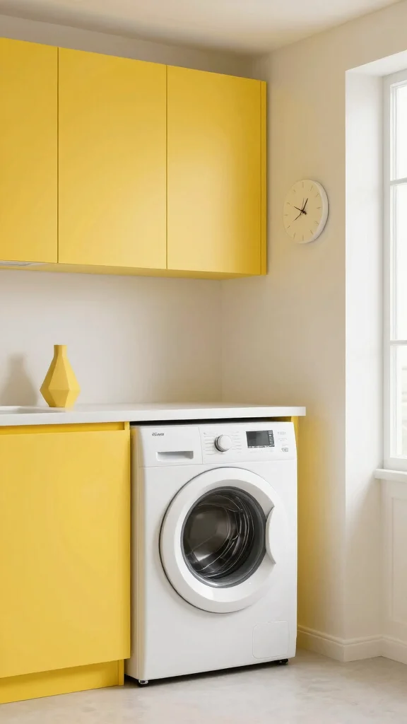10 Laundry Room Yellow Cabinet Ideas That Brighten a Functional Space - 8. Minimalist Approach with Yellow Accents 1