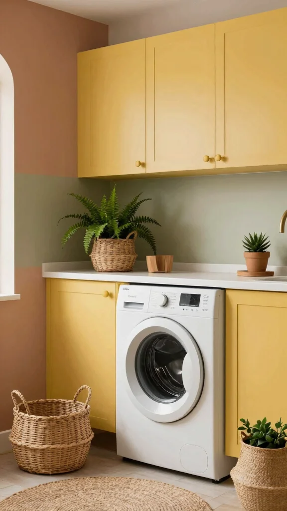 10 Laundry Room Yellow Cabinet Ideas That Brighten a Functional Space - 9. Combining Yellow with Earthy Tones 1