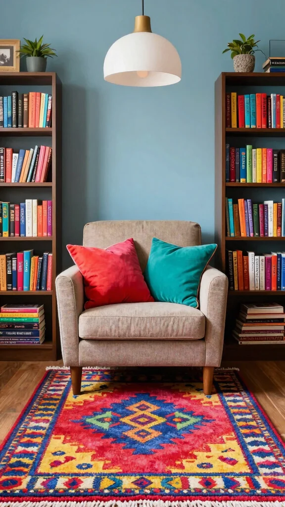 10 Reading Room Rug Ideas That Ground the Space and Add Warmth - 5. Colorful Area Rugs to Brighten Your Space 1
