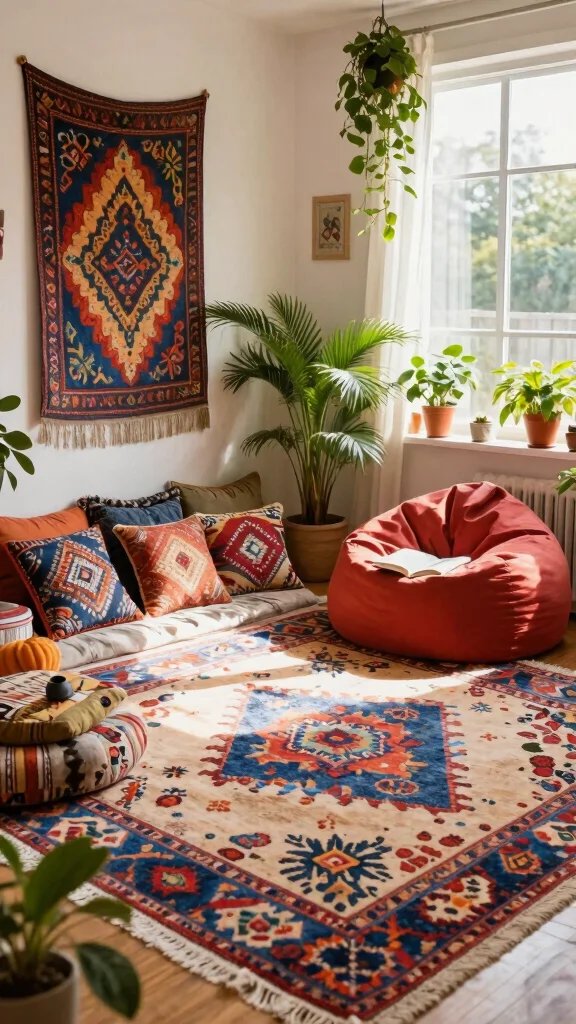 10 Reading Room Rug Ideas That Ground the Space and Add Warmth - 7. Bohemian Rugs for a Laid-Back Vibe 1