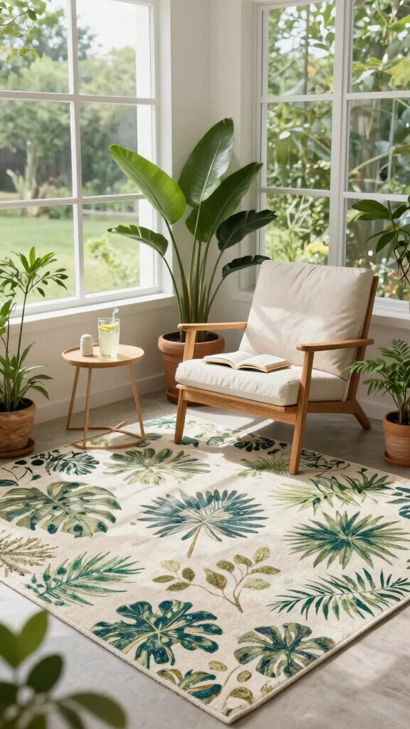 10 Reading Room Rug Ideas That Ground the Space and Add Warmth - 9. Outdoor-Inspired Rugs for a Fresh Feel 1