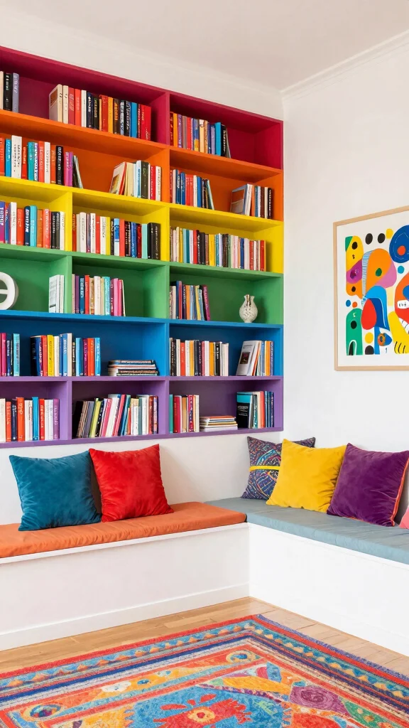 11 Built-In Reading Room Ideas That Make Books the Feature Wall - 8. Bright and Colorful Book Displays 1