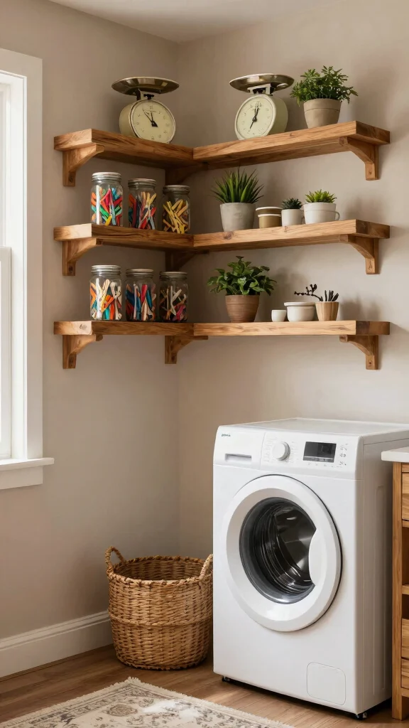 11 Laundry Room Floating Shelf Ideas That Keep Things Tidy - 1. Rustic Wooden Charm 1