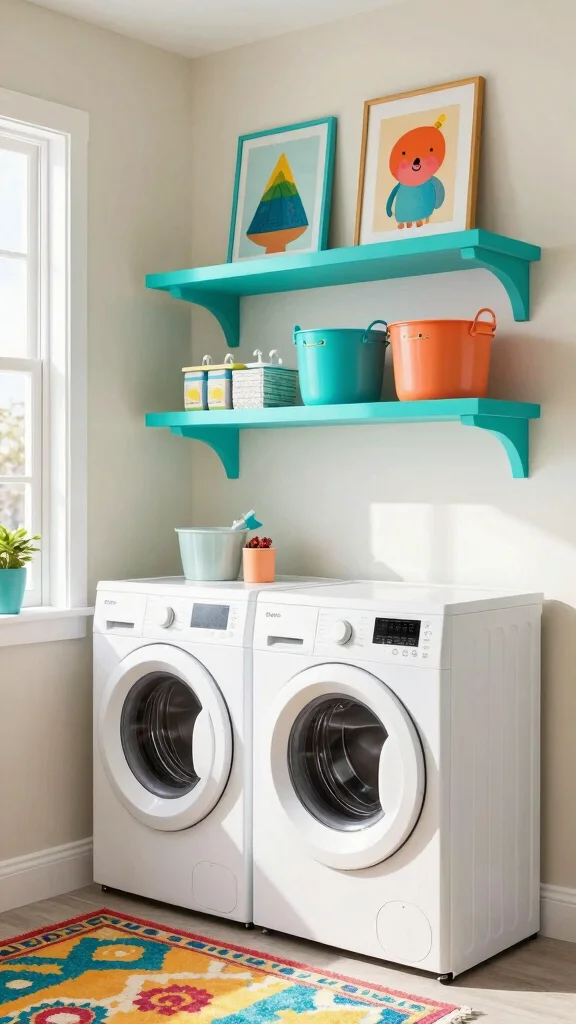 11 Laundry Room Floating Shelf Ideas That Keep Things Tidy - 3. Playful Color Pops 1