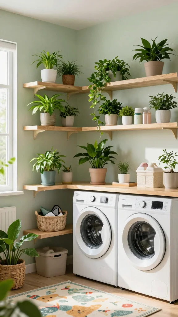 11 Laundry Room Floating Shelf Ideas That Keep Things Tidy - 8. Greenery and Vibes 1