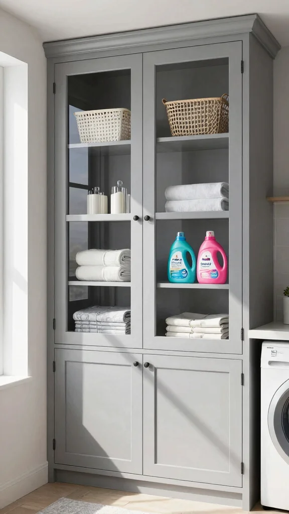 11 Laundry Room Gray Cabinet Ideas That Look Clean and Timeless - 10. Gray Cabinets with Glass Inserts 1