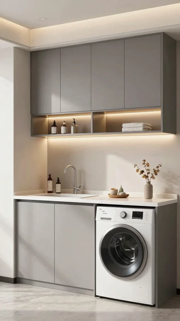 11 Laundry Room Gray Cabinet Ideas That Look Clean and Timeless - 5. Gray Cabinets with Integrated Lighting 1