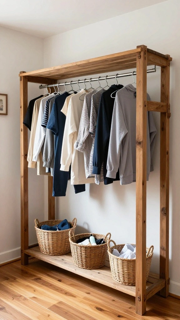 11 Laundry Room Hanging Rack Ideas That Keep Clothes Wrinkle-Free - 1. Rustic Wooden Hanging Rack 1