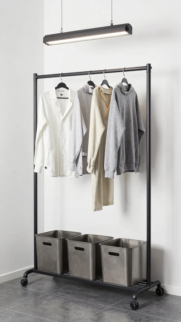 11 Laundry Room Hanging Rack Ideas That Keep Clothes Wrinkle-Free - 2. Sleek Metal Rack 1