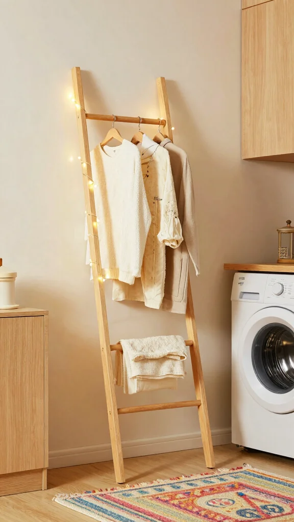 11 Laundry Room Hanging Rack Ideas That Keep Clothes Wrinkle-Free - 5. Ladder-Style Hanging Rack 1