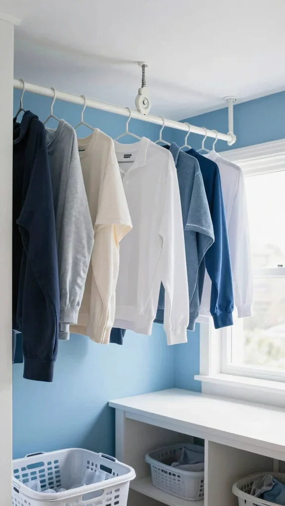 11 Laundry Room Hanging Rack Ideas That Keep Clothes Wrinkle-Free - 9. Ceiling-Mounted Rack 1