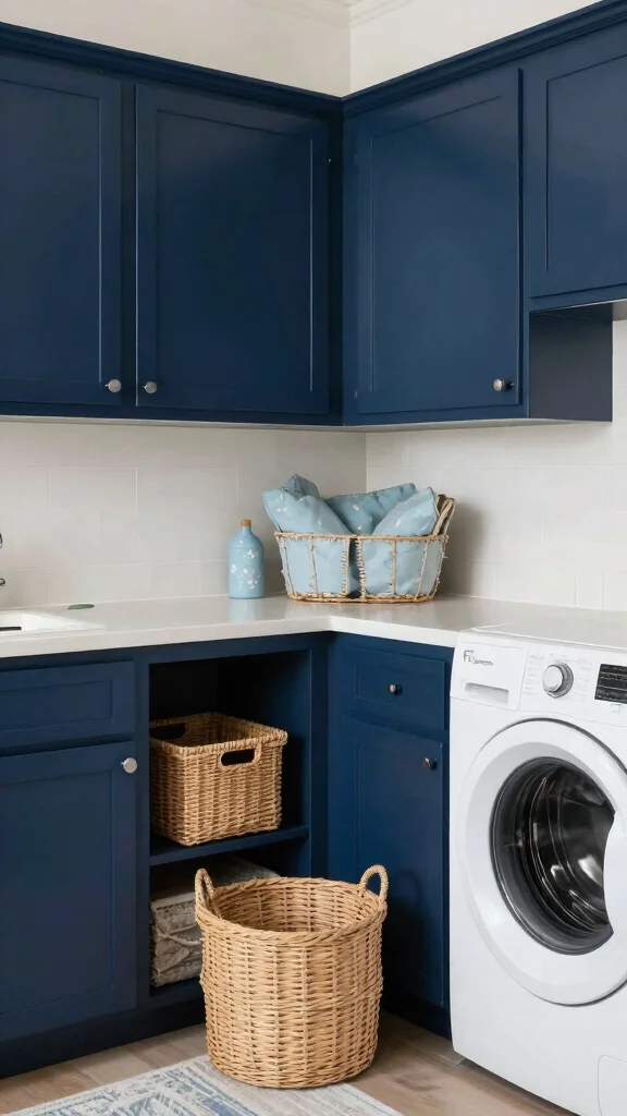 11 Laundry Room Navy Cabinet Ideas for a Moody, Polished Look - 10. Coastal Vibe with Navy Cabinets 1