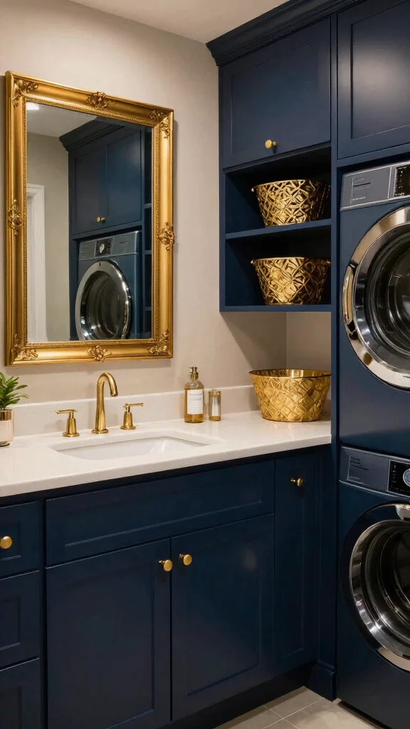 11 Laundry Room Navy Cabinet Ideas for a Moody, Polished Look - 2. Navy Cabinets with Gold Accents 1