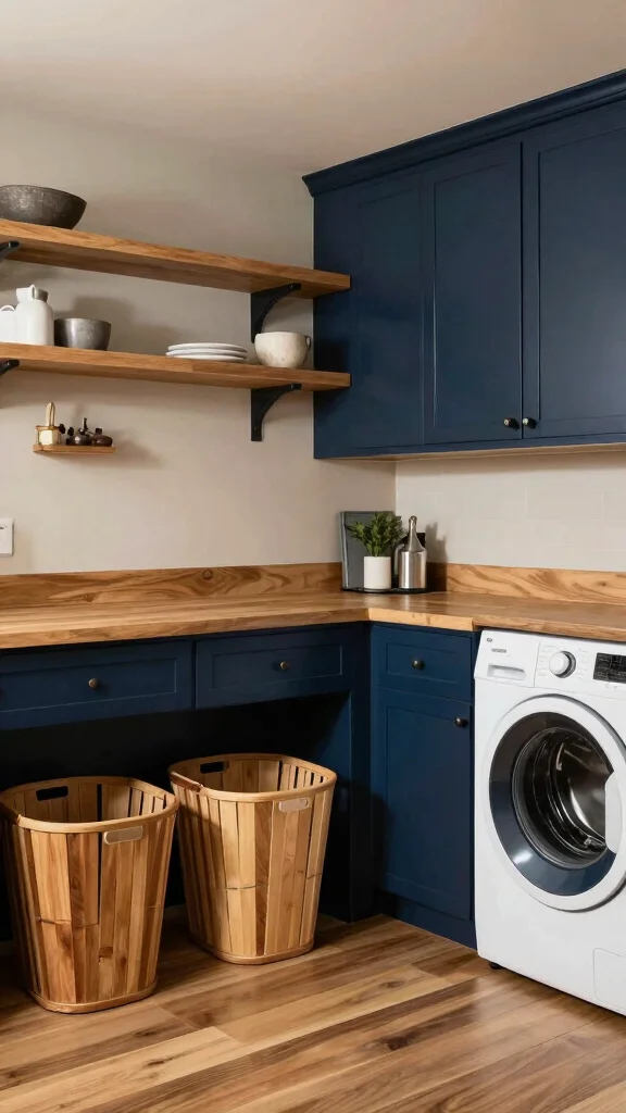 11 Laundry Room Navy Cabinet Ideas for a Moody, Polished Look - 4. Navy Cabinets with Natural Wood Elements 1