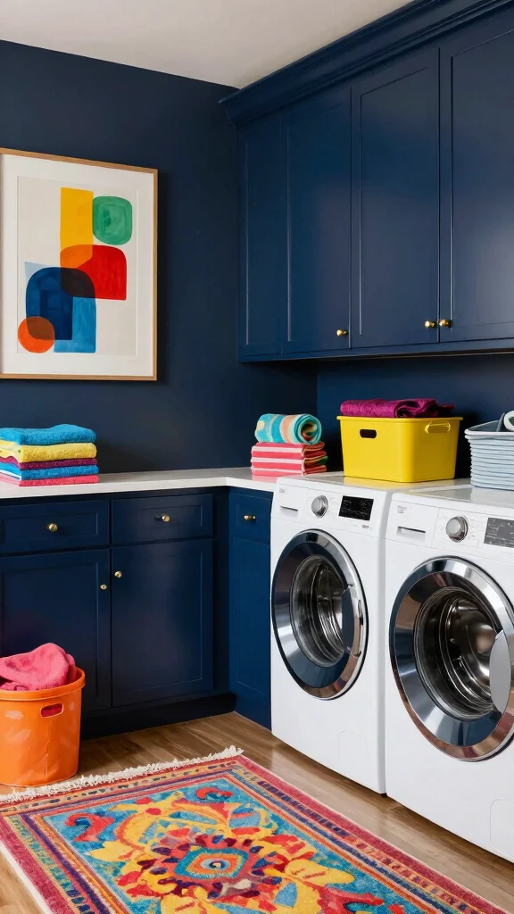 11 Laundry Room Navy Cabinet Ideas for a Moody, Polished Look - 5. Moody Navy with Bright Accent Colors 1