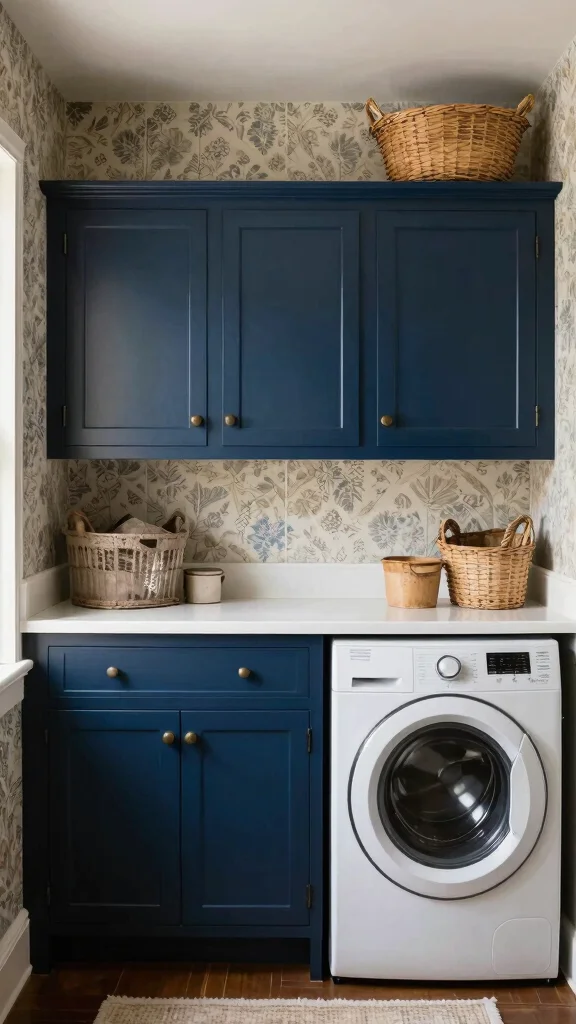 11 Laundry Room Navy Cabinet Ideas for a Moody, Polished Look - 7. Vintage-Inspired Navy Cabinets 1