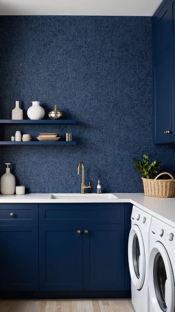 11 Laundry Room Navy Cabinet Ideas for a Moody, Polished Look - 9. Bold Navy with Textured Wallpaper 1