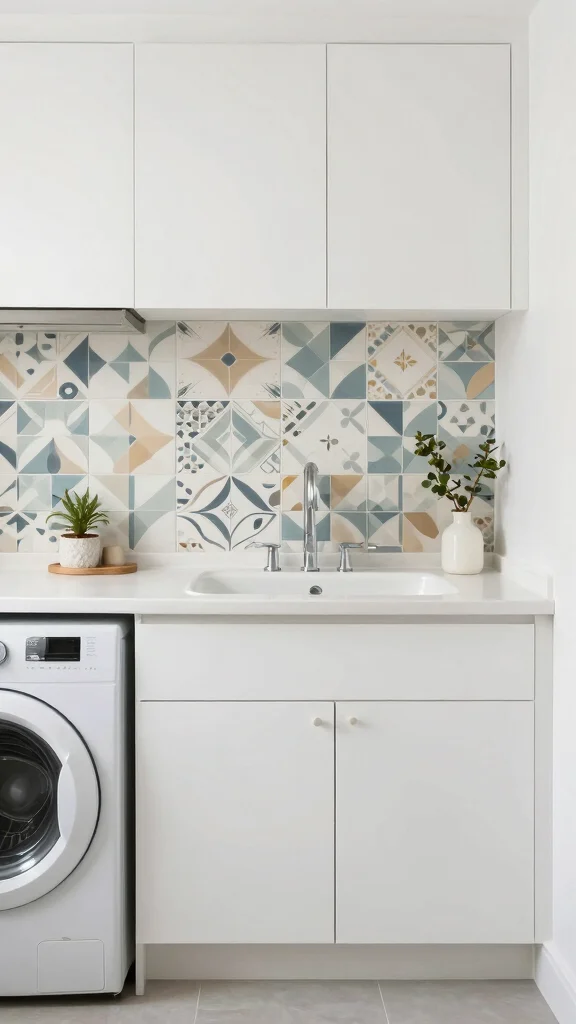 11 Laundry Room Tile Backsplash Ideas That Add Style Above the Sink - 10. Patterned Vinyl Tiles 1