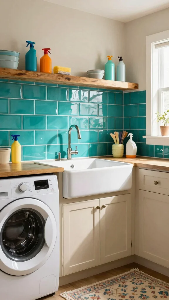 11 Laundry Room Tile Backsplash Ideas That Add Style Above the Sink - 3. Bold Colored Tiles 1