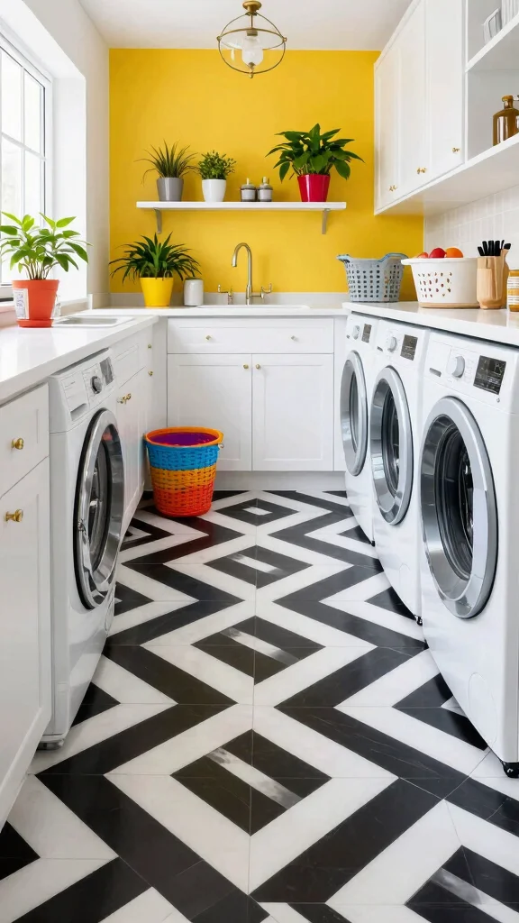 11 Laundry Room Vinyl Flooring Ideas That Are Durable and Stylish - 2. Bold Black and White Patterns 1
