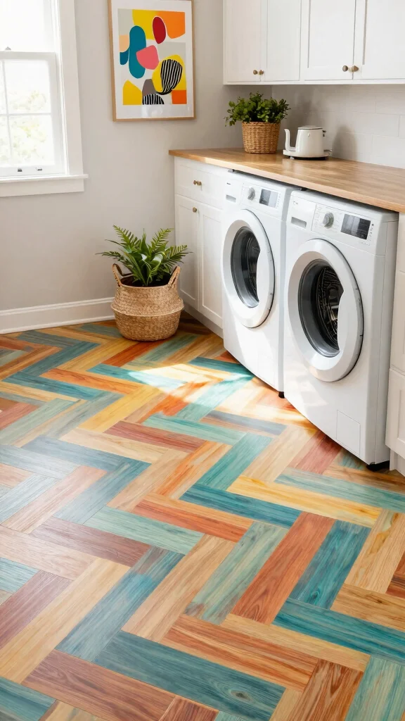 11 Laundry Room Vinyl Flooring Ideas That Are Durable and Stylish - 4. Colorful Herringbone Patterns 1