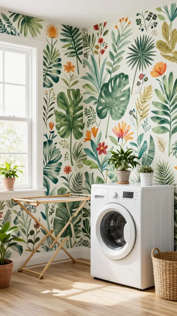 11 Laundry Room Wallpaper Ideas That Turn a Chore Room Into a Gem - 1. Whimsical Botanical Prints 1