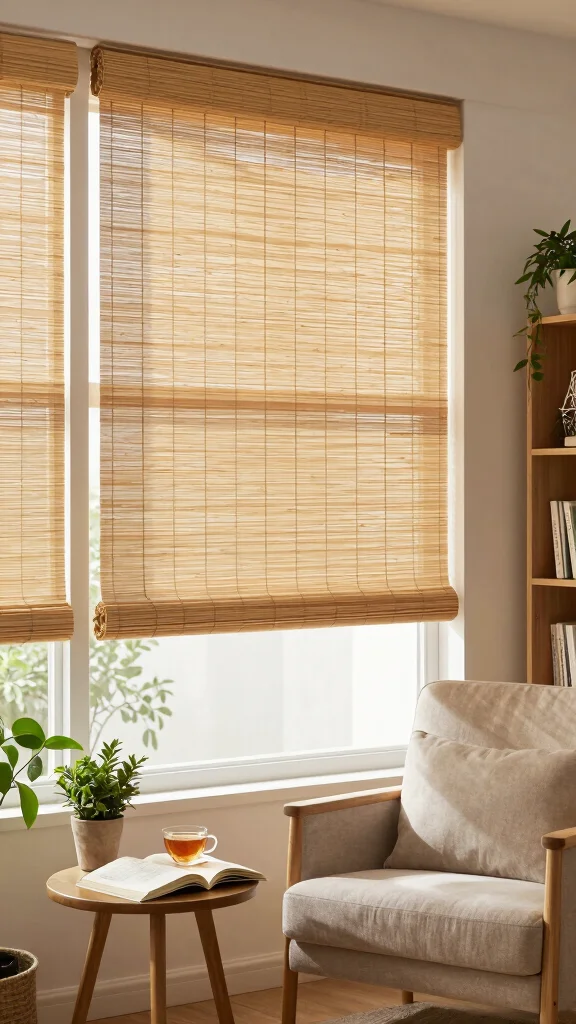 11 Reading Room Curtain Ideas That Set the Mood and Block Light - 3. Bamboo Shades: Eco-Friendly with a Natural Touch 1