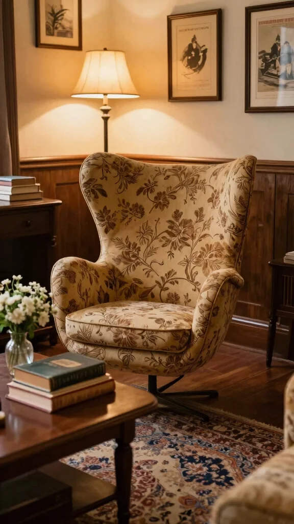 11 Reading Room Egg Chair Ideas for a Cozy, Iconic Spot - 3. Vintage Elegance with Classic Patterns 1