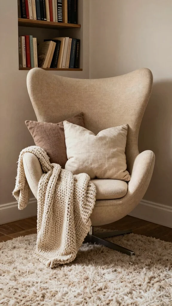 11 Reading Room Egg Chair Ideas for a Cozy, Iconic Spot - 8. Layered Textures for a Cozy Feel 1