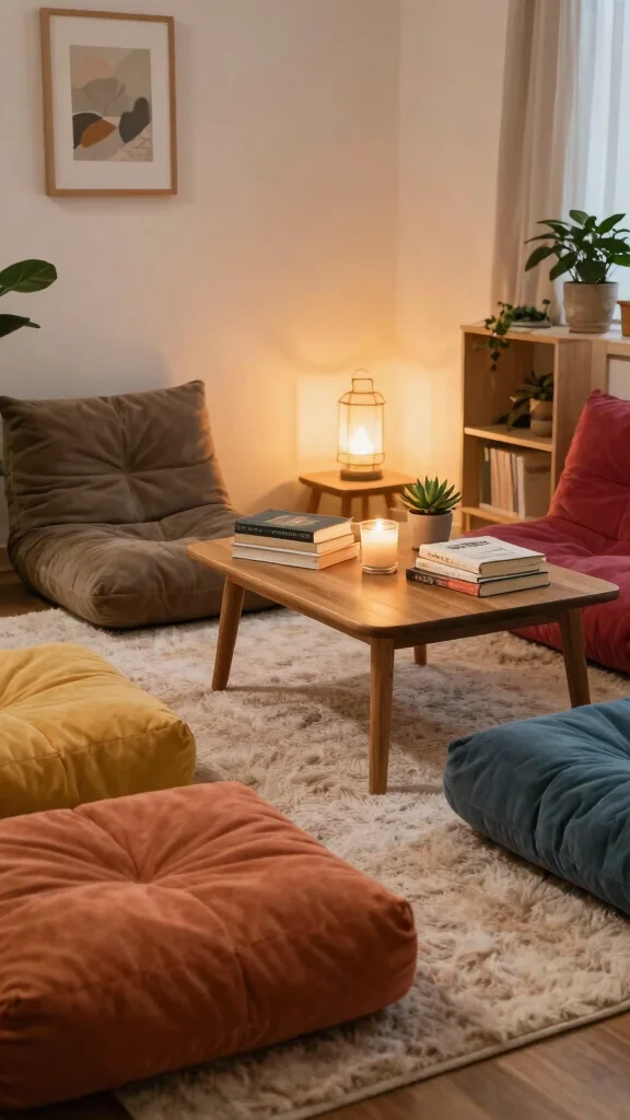 11 Reading Room Furniture Layout Ideas for Comfort and Flow - 2. Floor Cushions for a Laid-Back Vibe 1