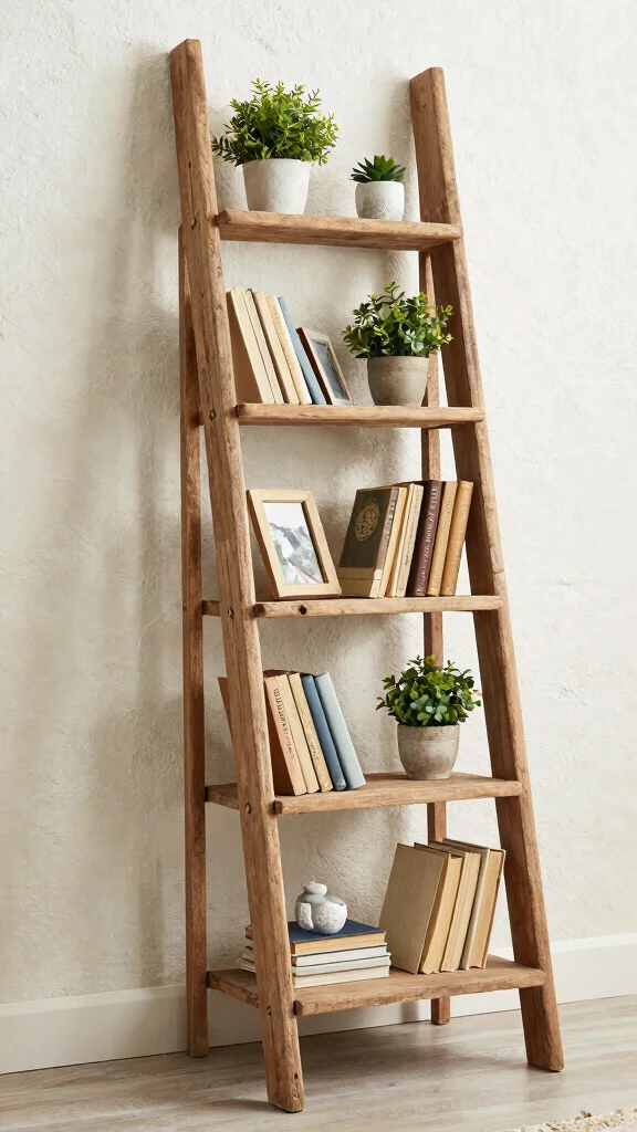 11 Study Room Bookshelf Ideas That Make Books the Focal Point - 5. Rustic Ladder Shelf 1