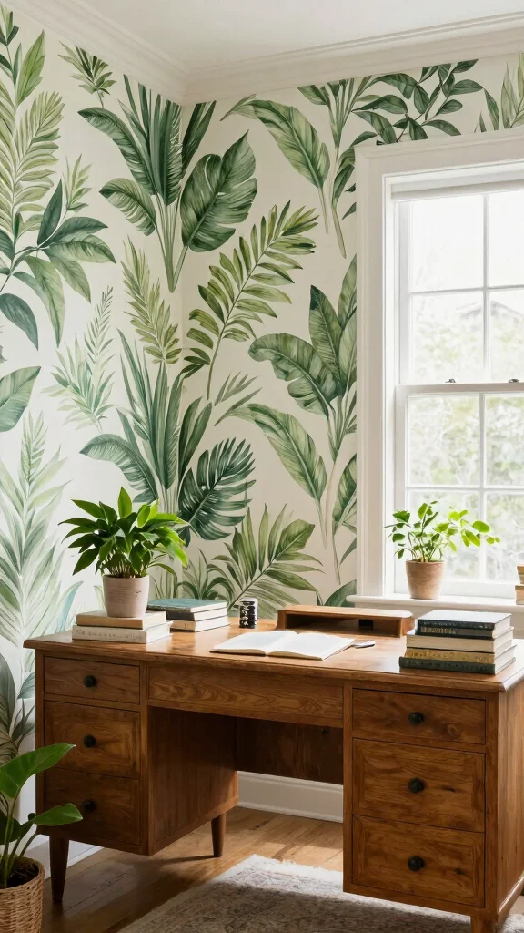 11 Study Room Wallpaper Ideas From Subtle Textures to Bold Prints - 3. Botanical Prints 1